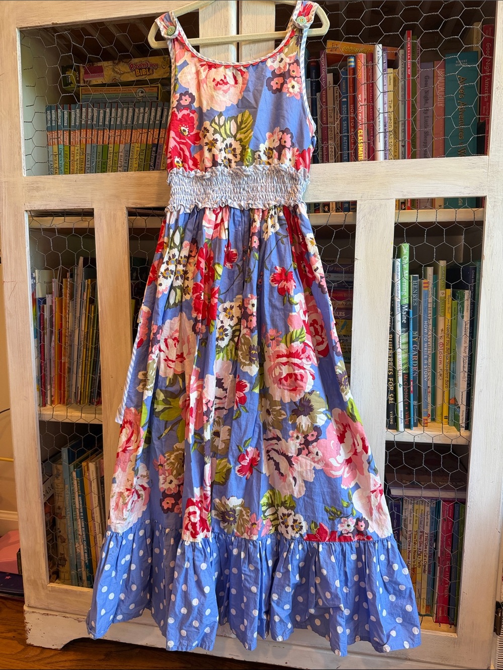 Matilda Jane Blue Floral Maxi Dress with Polka Dot Ruffle- *RARE*